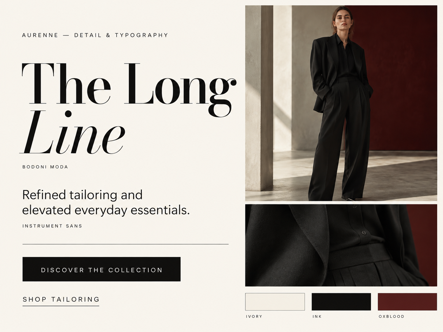 Aurenne typography, palette and tailoring detail