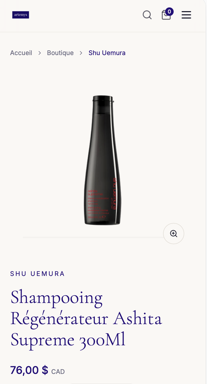 Artemys product page for Shu Uemura Ashita Supreme shampoo on mobile