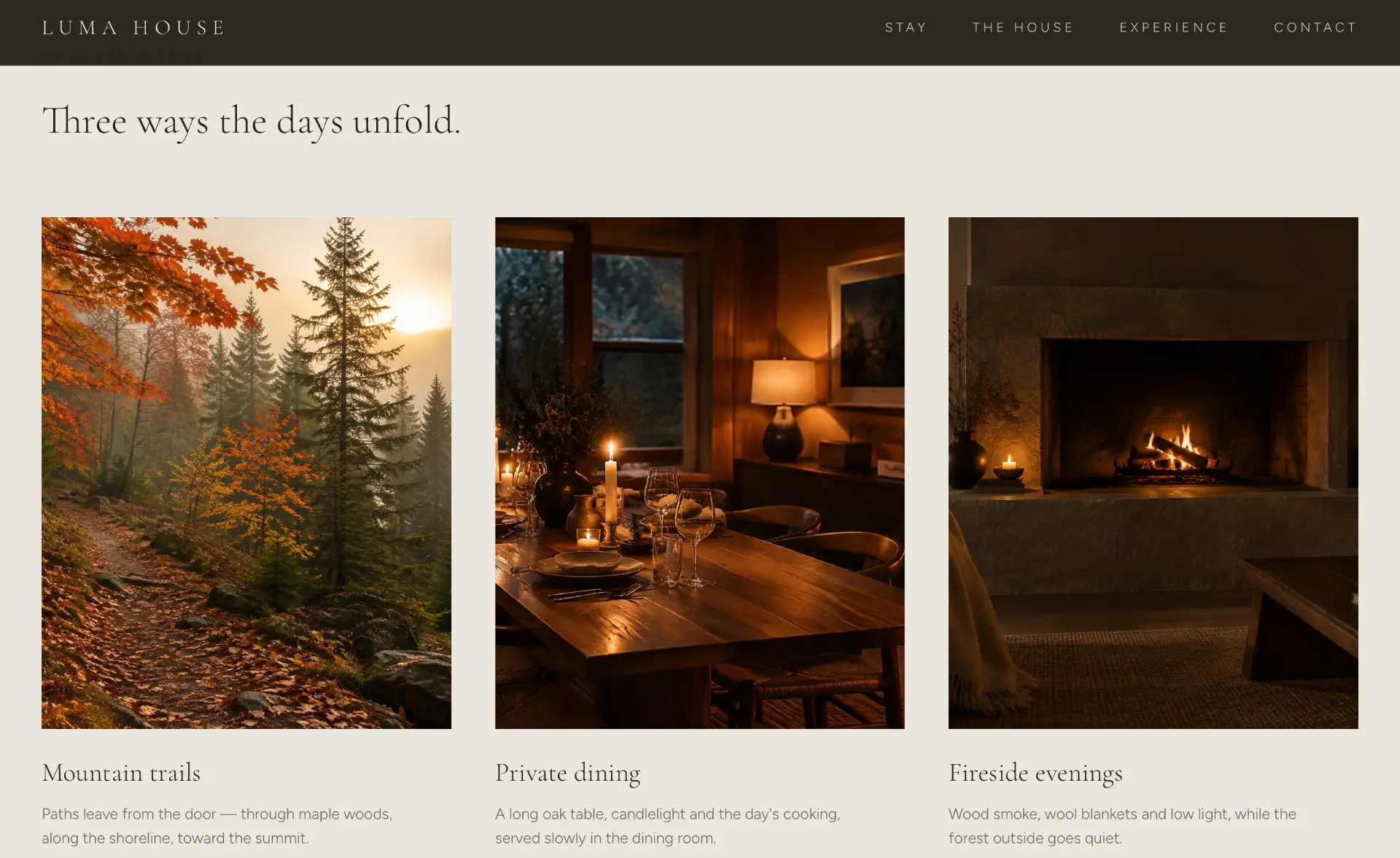 Page des expériences de Luma House — Three ways the days unfold