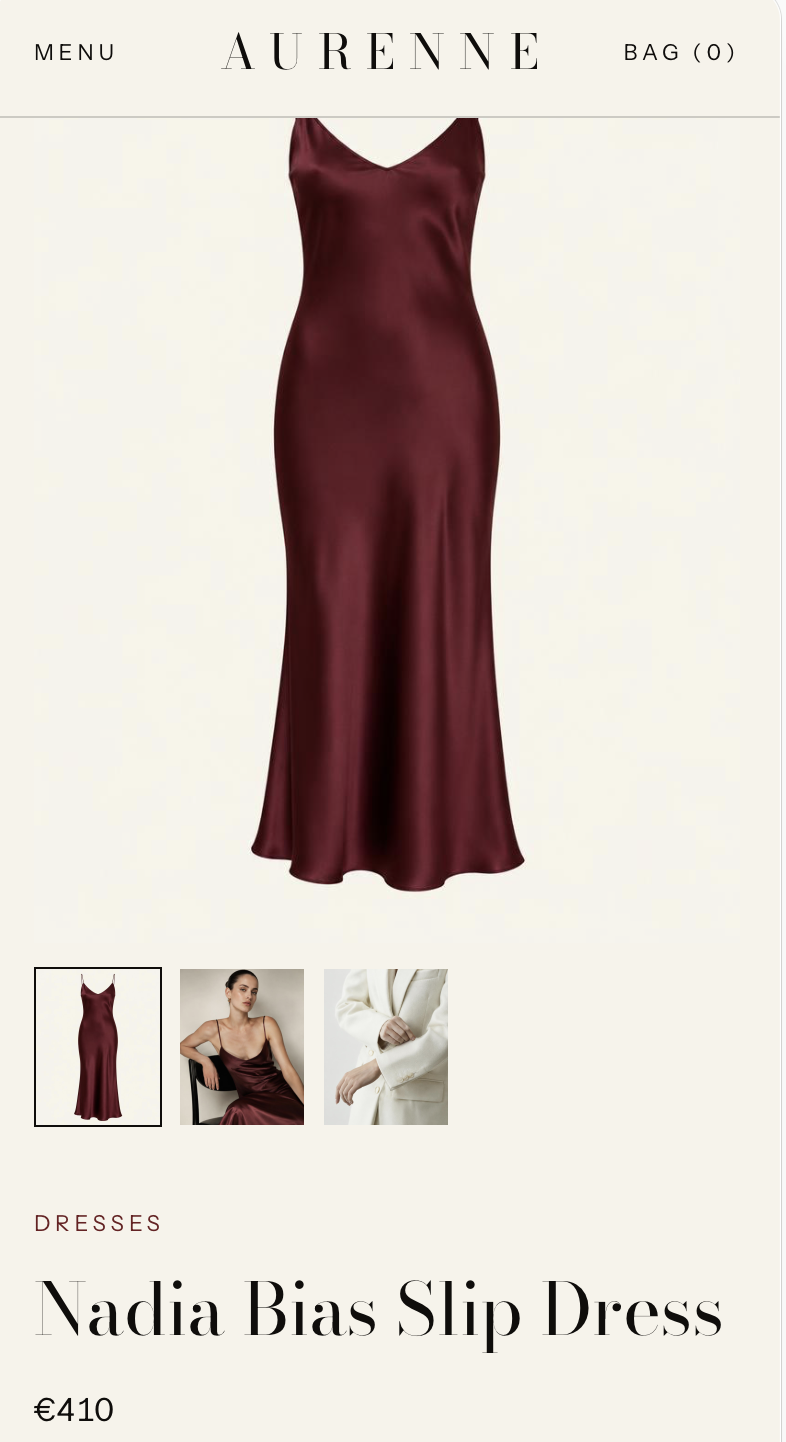 Aurenne Nadia Bias Slip Dress product page on mobile