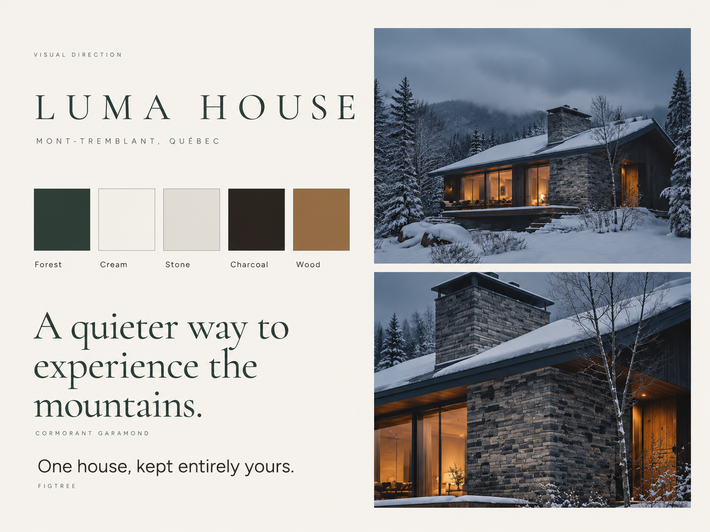 Planche de marque Luma House — palette de couleurs, typographie et images