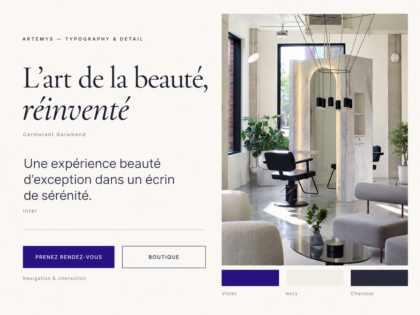 Artemys typography, colour palette and salon interior detail
