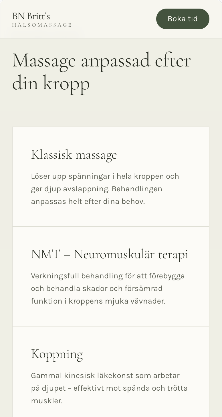Britt's Hälsomassage treatments on mobile