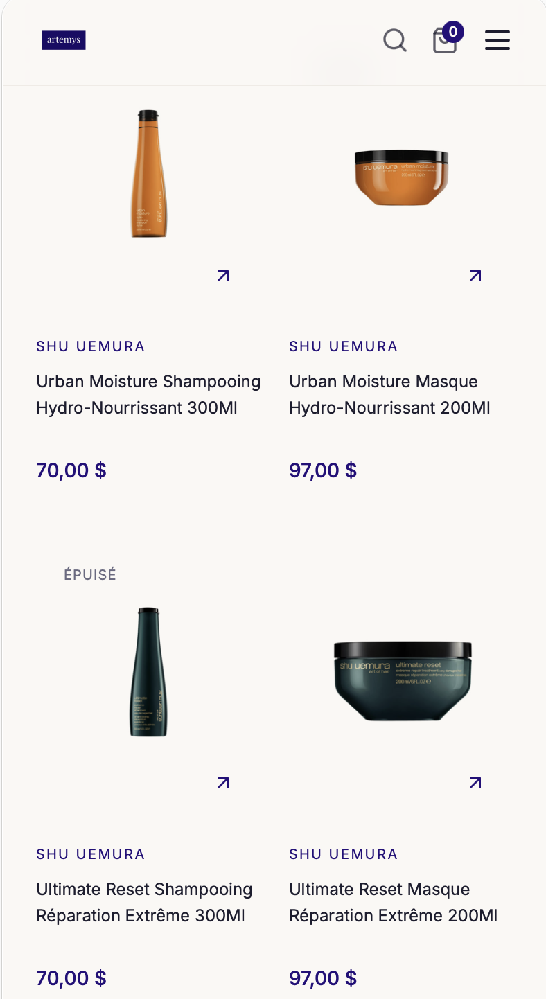 Artemys product collection on mobile