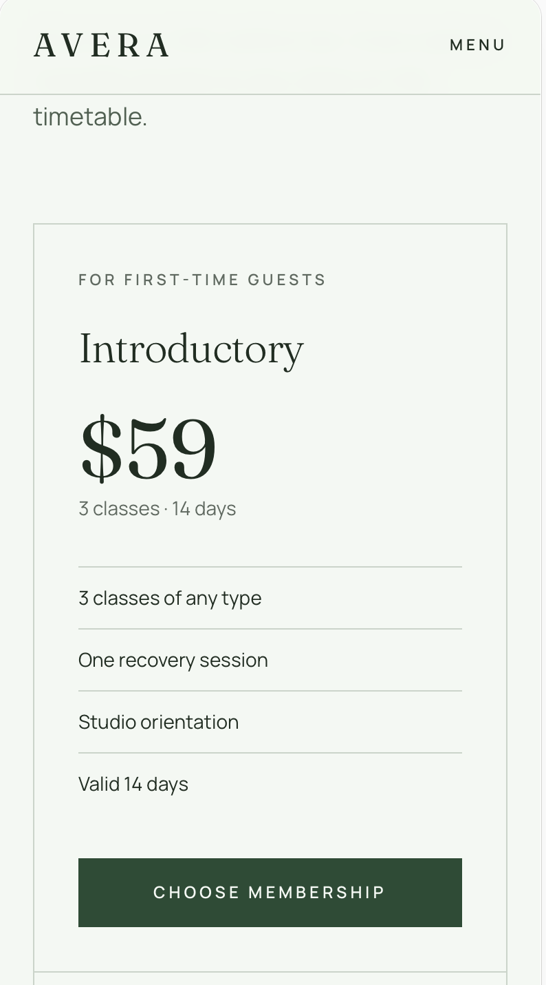 Avera membership page on mobile